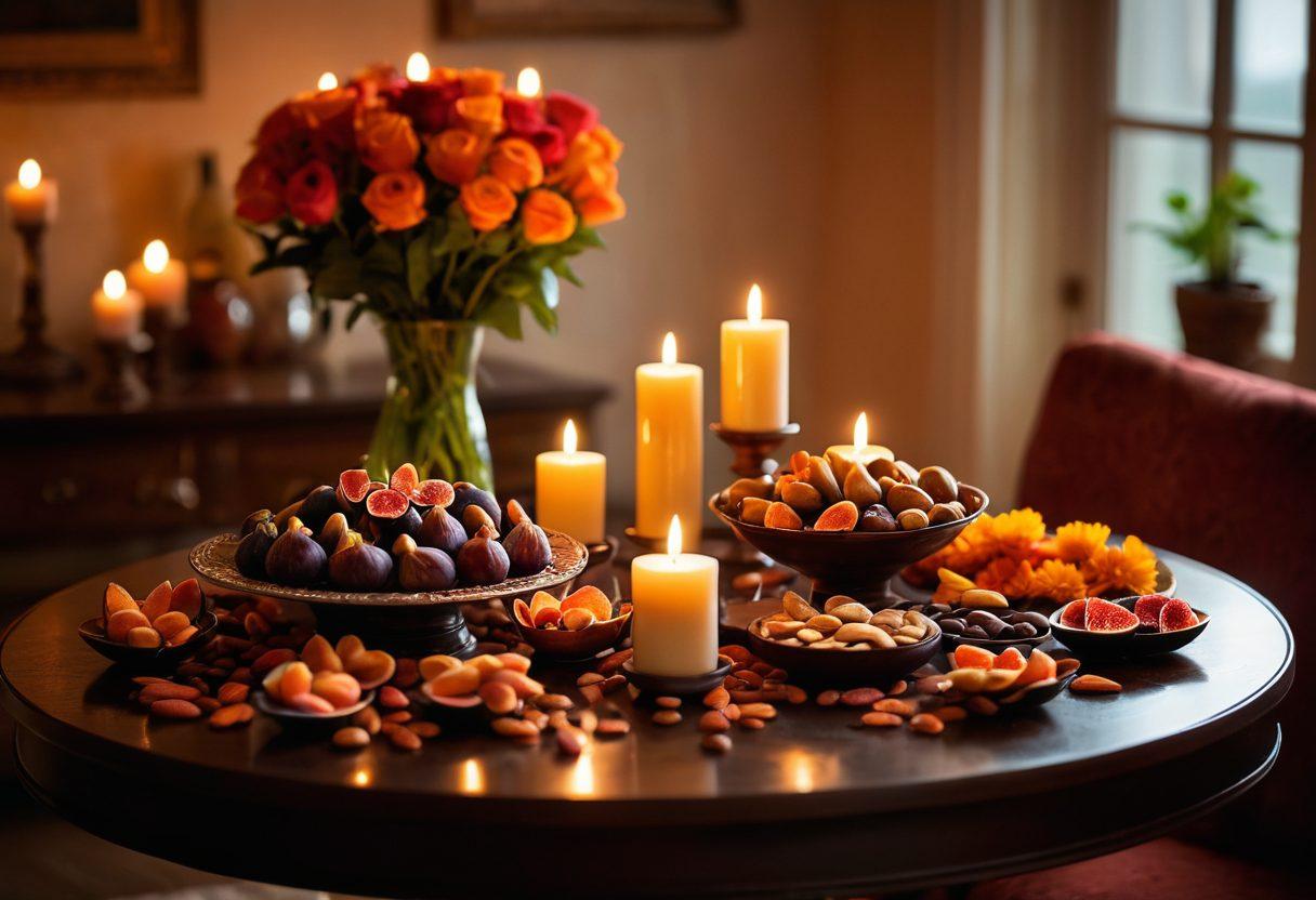 A sensual, inviting scene featuring an elegant table adorned with various natural libido boosters like figs, dark chocolate, and almonds, surrounded by soft candlelight. In the background, hints of romantic ambiance with flowers and warm colors to evoke intimacy and passion. The overall feeling should be lush and enticing, capturing the essence of enhanced intimacy. vivid colors. soft focus. atmospheric lighting.