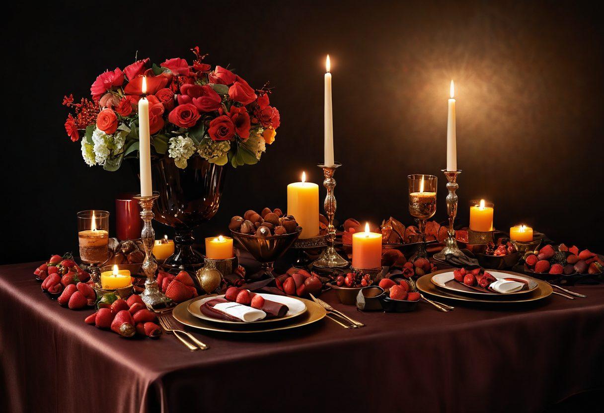 A luxurious scene featuring an elegant table adorned with various aphrodisiac ingredients like dark chocolate, strawberries, honey, and exotic spices. Soft candlelight creates an intimate atmosphere, while lush flowers add a touch of romance. Silky fabrics drape around the setting, inviting curiosity and allure. Enhance the overall mood with warm and inviting colors that evoke passion and sensuality. super-realistic. vibrant colors. romantic ambiance.