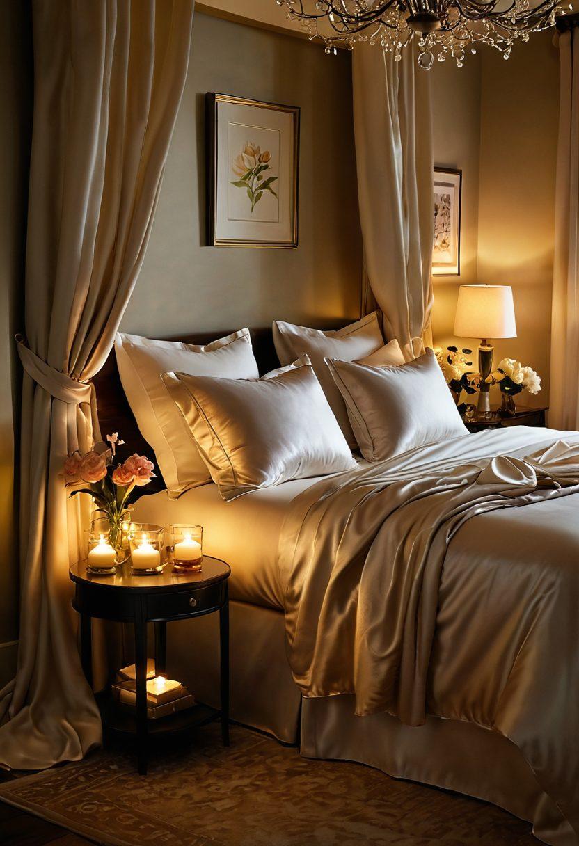 A serene, intimate bedroom setting with soft candlelight reflecting on silk sheets, emphasizing romance and warmth. Include a couple sharing a tender moment, surrounded by luxurious textures like plush pillows and rich drapery, symbolizing desire and intimacy. Add subtle hints of aromatic elements like flowers or essential oils to convey a sense of allure. The scene should evoke feelings of connection and pleasure. soft lighting. romantic atmosphere. vibrant colors.